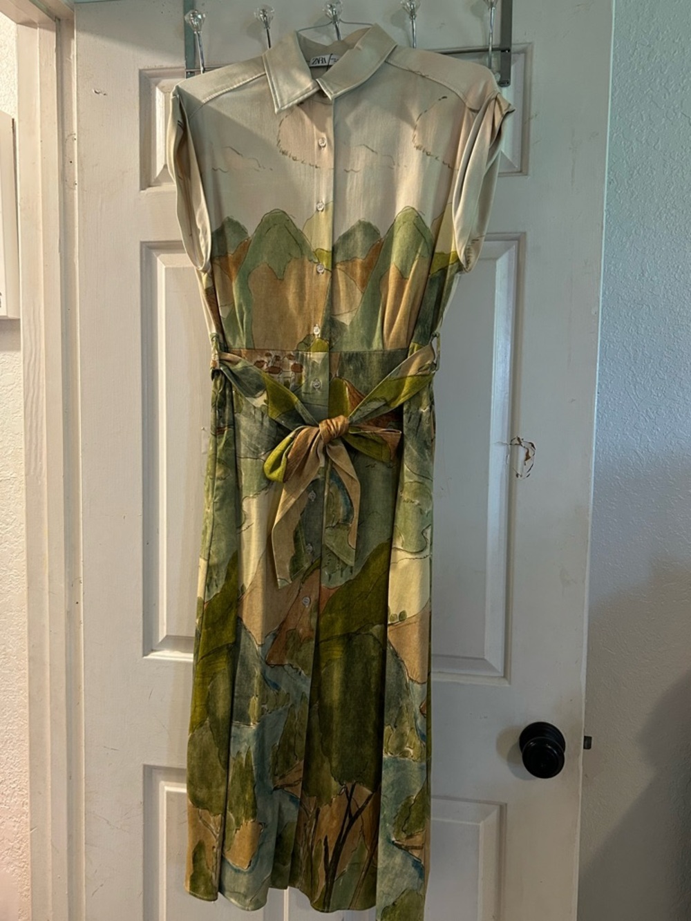 Zara Cream and Green Printed Tie-Waist Midi Dress